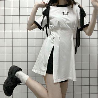 Short-sleeve Bow Cold-shoulder Mini Dress / Lace-up Shorts / Short-sleeve Zip-up Mini Dress