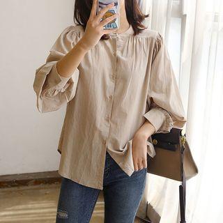Puff-sleeve Shirred Cotton Blouse