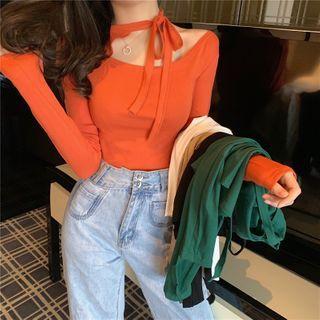 Choker-neck Asymmetric Long-sleeve T-shirt