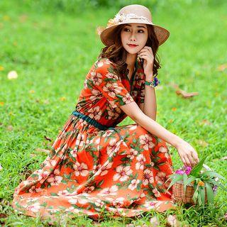 V-neck Flower Print Short-sleeve Midi A-line Dress