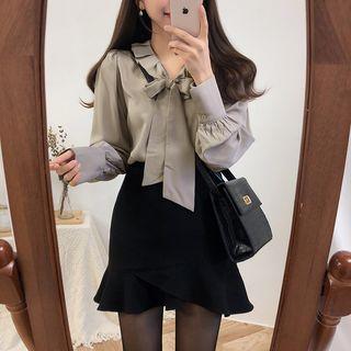 Tie-neck Blouse / Ruffle Hem Mini A-line Skirt / Sleeveless Mini A-line Dress