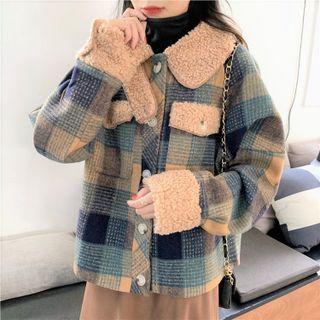 Fleece Panel Plaid Jacket Blue - One Size