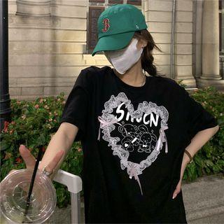 Short-sleeve Cartoon Print Lace Trim T-shirt