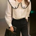 Long-sleeve Collared Pleated Blouse White - One Size