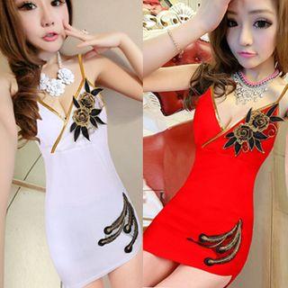 Embroidered Strappy Mini Sheath Dress