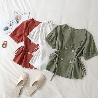 Tie-side Double-buttoned Short-sleeve Blouse