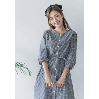 3/4-sleeve Buttoned Check Midi Dress With Sash