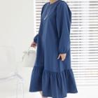 Puff-sleeve Frilled-hem Long Dress