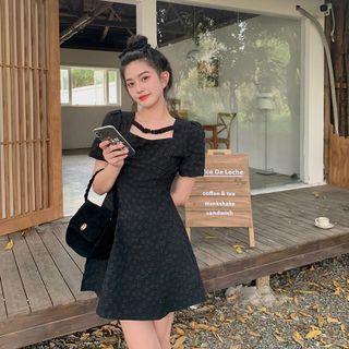 Short-sleeve Cutout Floral A-line Dress