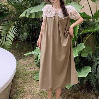 Short-sleeve Collared Lace Top / Midi A-line Overall Dress