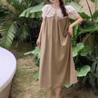 Short-sleeve Collared Lace Top / Midi A-line Overall Dress