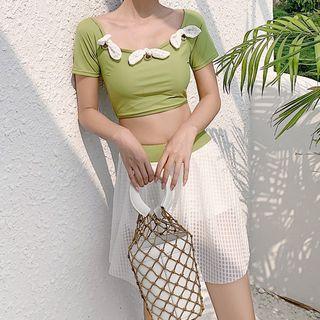 Set: Short-sleeve Bow Swim Top + Plaid Swim Skirt