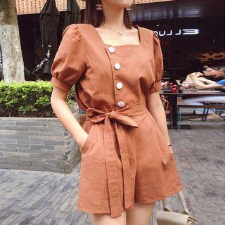 Set: Square-neck Short-sleeve Top + High Waist Wide-leg Shorts