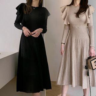 Ruffle Trim Midi A-line Knit Dress