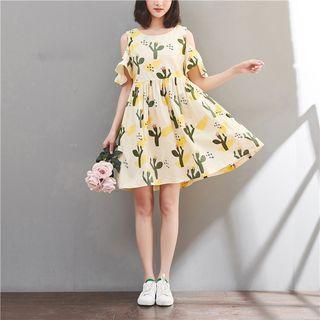 Cold-shoulder Cactus Print Mini A-line Dress