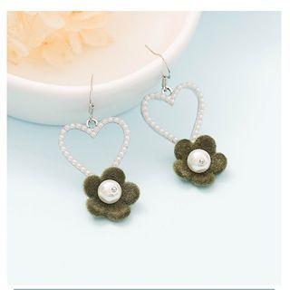 Faux Pearl Heart Fabric Flower Dangle Earring