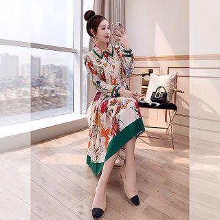 Long-sleeve Contrast Trim Floral A-line Pleated Dress