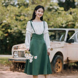 Set: Off-shoulder Top + Suspender Midi Skirt