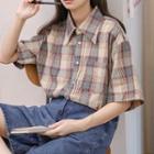 Elbow-sleeve Plaid Shirt Plaid - Beige & Grayish Blue - One Size