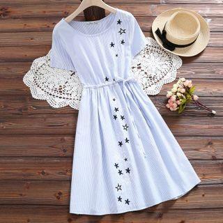 Short-sleeve Star Printed Striped A-line Dress