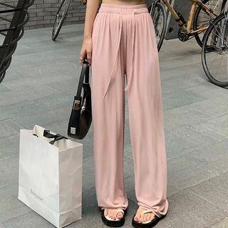 Plain Drawstring High-waist Wide-leg Pants