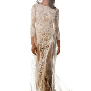 Open Back Lace 3/4-sleeve Mermaid Evening Dress