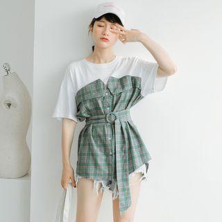 Mock Two-piece Plaid T-shirt