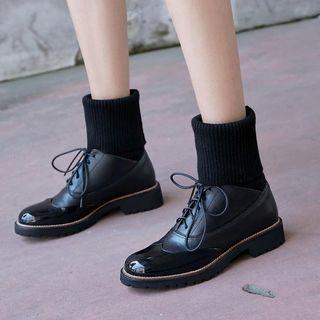 Knit Panel Genuine Leather Mid-calf Boots