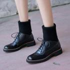 Knit Panel Genuine Leather Mid-calf Boots