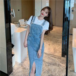 Denim Slit Midi Sheath Overall Dress