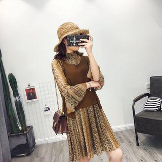 Set: Printed Mock-neck 3/4 Sleeve Chiffon Dress + Knitted Tank Top