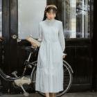 Frilled Trim Long-sleeve Midi Dress