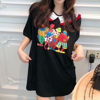 Cartoon Print Short-sleeve Polo Shirt Dress Black - One Size