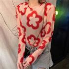 Flower Print Long Sleeves Blouse Red - One Size