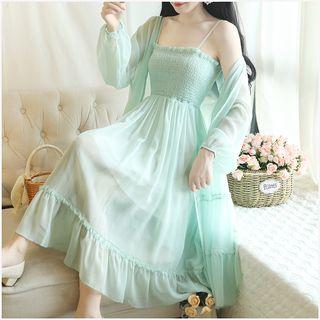 Set: Shirred Midi Spaghetti Strap Dress + Open Front Long Light Jacket