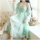 Set: Shirred Midi Spaghetti Strap Dress + Open Front Long Light Jacket
