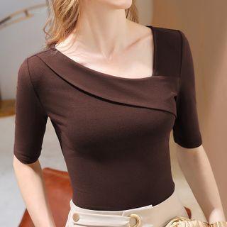 Elbow-sleeve Asymmetrical Neckline Top