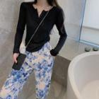 Long-sleeve Plain T-shirt / High-waist Printed Wide-leg Pants