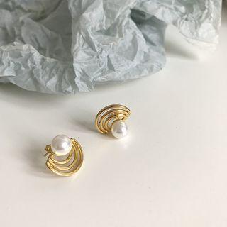 925 Sterling Silver Faux Pearl Ear Stud E222 - 1 Pair - Fan Shape & Faux Pearl - Gold - One Size