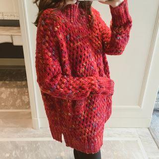 Mock-neck Chunky Knit Sweater Wine Red - One Size