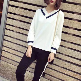 Long-sleeved V-neck Color-block Pullover