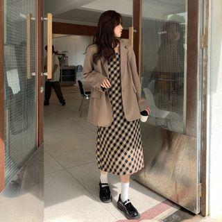 Plain Blazer / Spaghetti-strap Plaid Midi A-line Dress