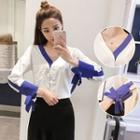 Set: Contrast Trim Chiffon Blouse + Ruffle Hem Skirt