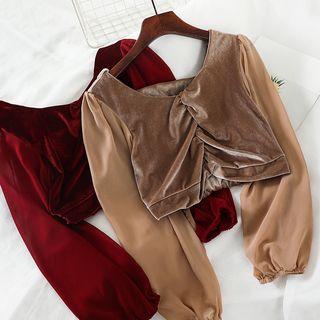 Balloon-sleeve Cropped Velvet Shirred Blouse