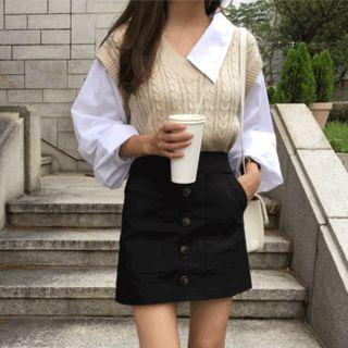 Inset Shirt Balloon-sleeve Cable-knit Top Beige - One Size