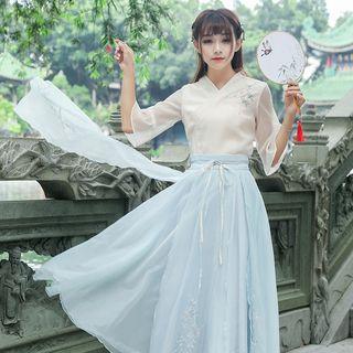 Elbow-sleeve Hanfu Top / Maxi A-line Skirt / Set