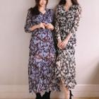 Floral Print Long-sleeve Midi A-line Crinkle Dress