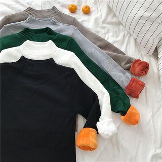 Plain Mock-neck Fleece-lined Slim-fit Sweater
