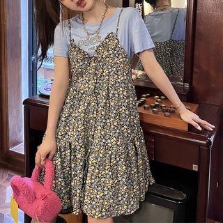 Spaghetti Strap Floral Mini A-line Dress / Cartoon Print T-shirt