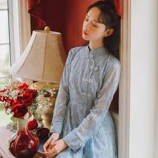 Stand Collar Frog-button Lace Dress